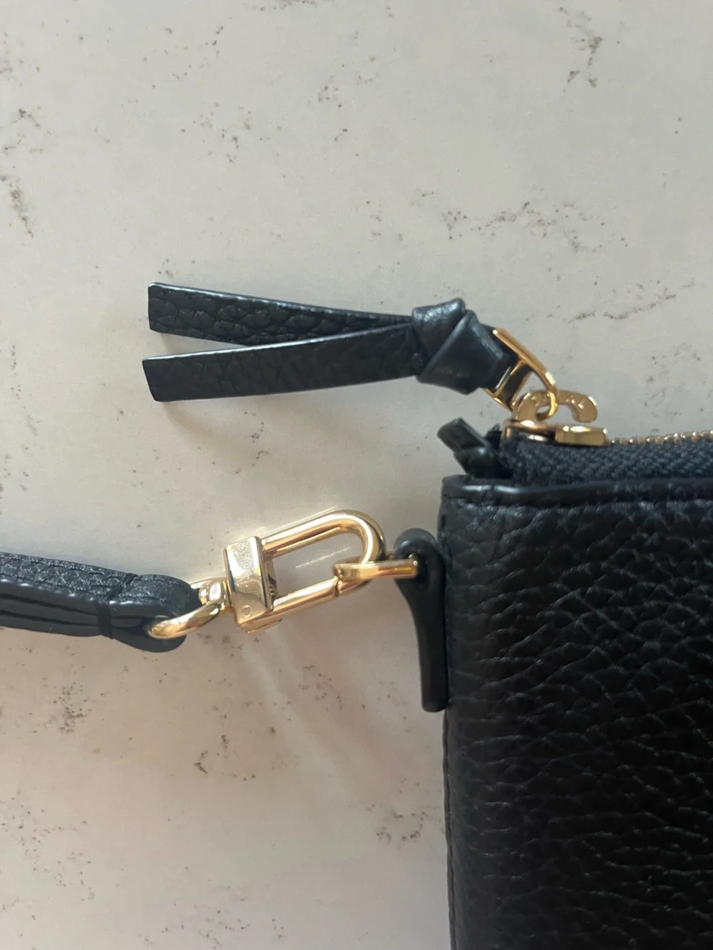 Tory Burch Black Pebbled Leather Zip Wristlet with Gold Hardware